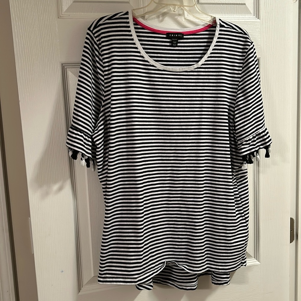 Black and white stripe blouse with tassel sleeves
